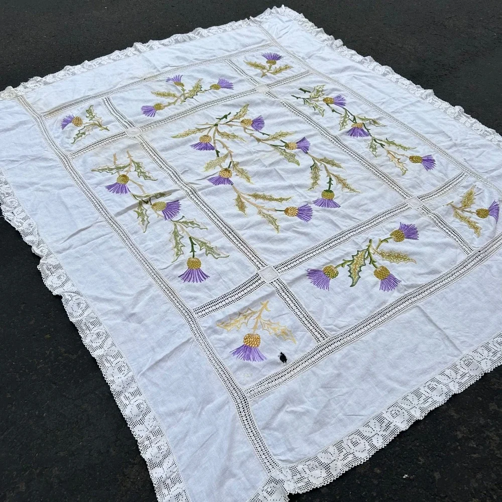 Vintage Hand Embroidered Irish Thistle Floral Table Cloth White Crochet Lace